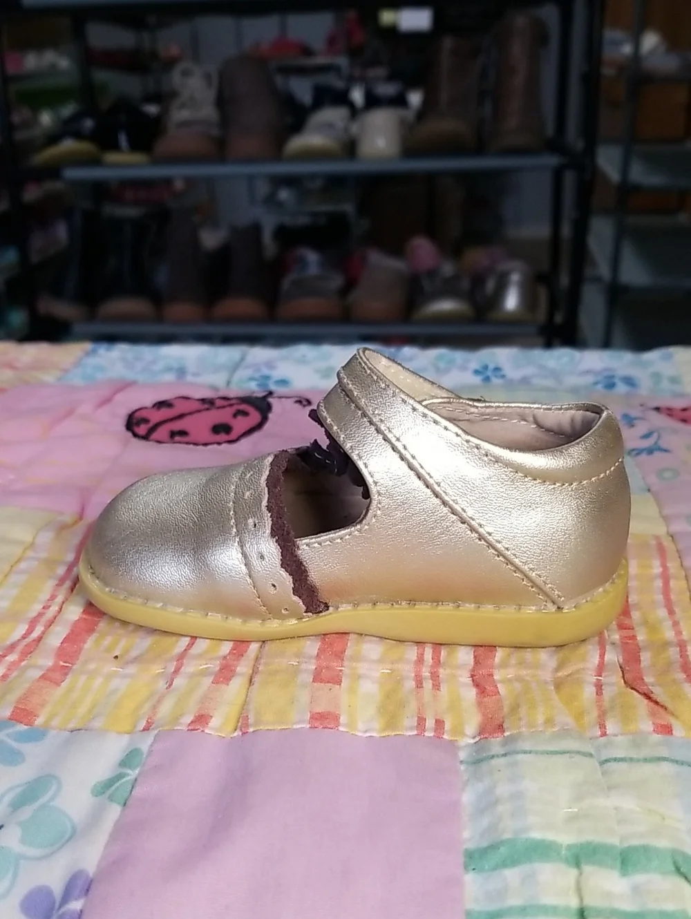 Livie & Luca Metallic Gold Mary Janes with Brown Flower Accents Size 4 Merry Bel